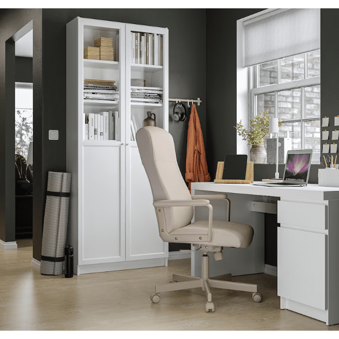 MALM/MILLBERGET / BILLY/OXBERG Desk and storage combination, and swivel chair white/beige